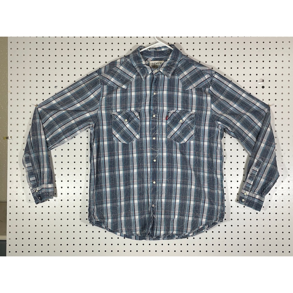 Levis Mens Large Blue Plaid Long Sleeve Western Pearl Snap Button Down Shirt
